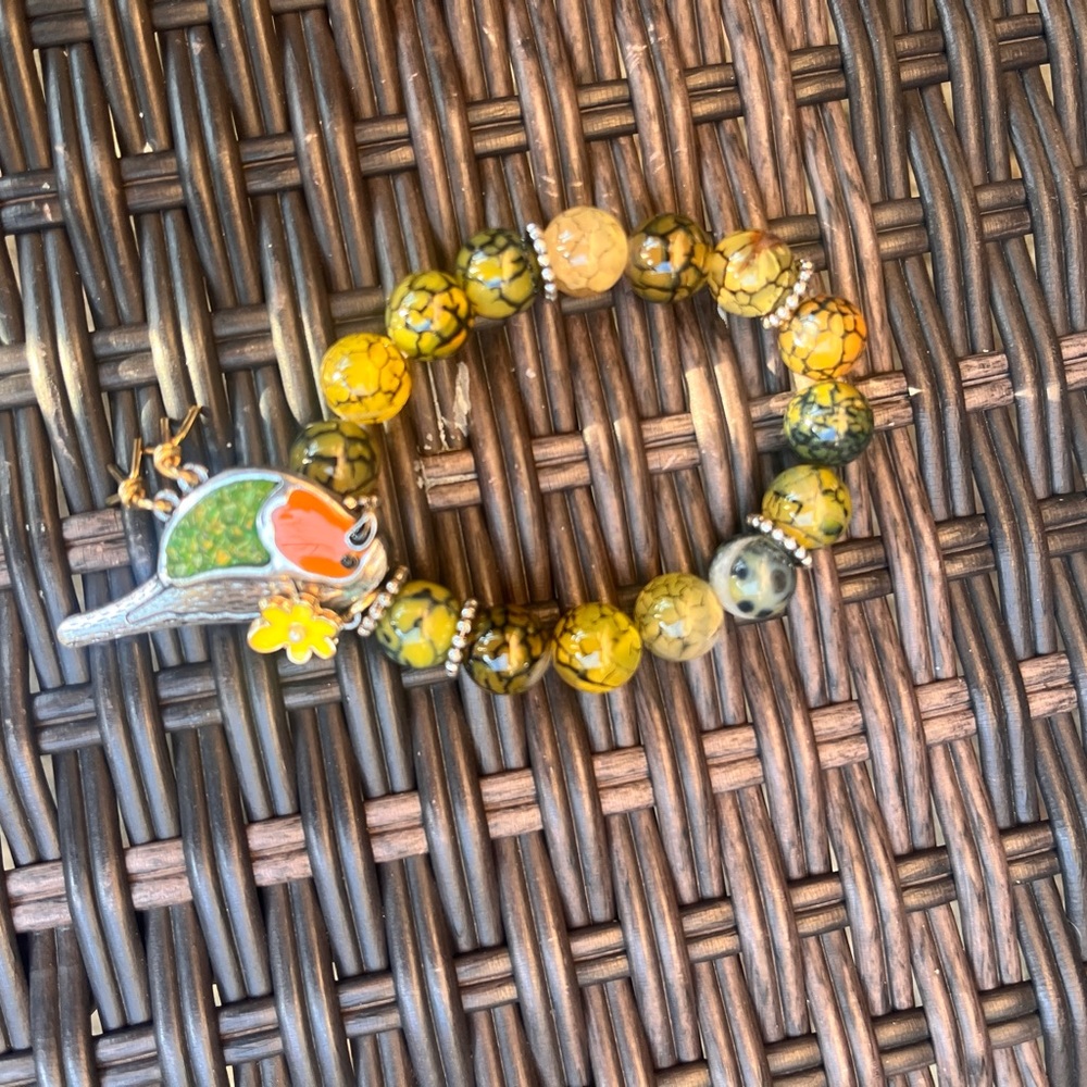 Green and Yellow Beaded Bird Charm Bracelet